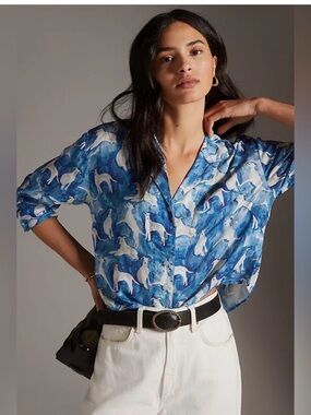 Maeve x Anthropologie Dog Pattern White Blue Button Down Cropped Shirt Sz 2X